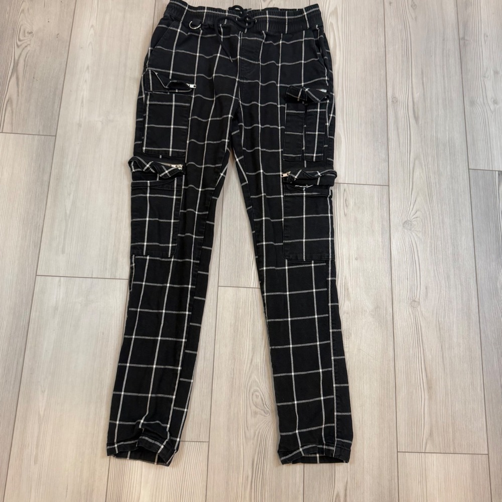 Hot Topic Black White Grid Plaid Cargo Jogger Pants Womens Medium Emo Grunge - Picture 3 of 10